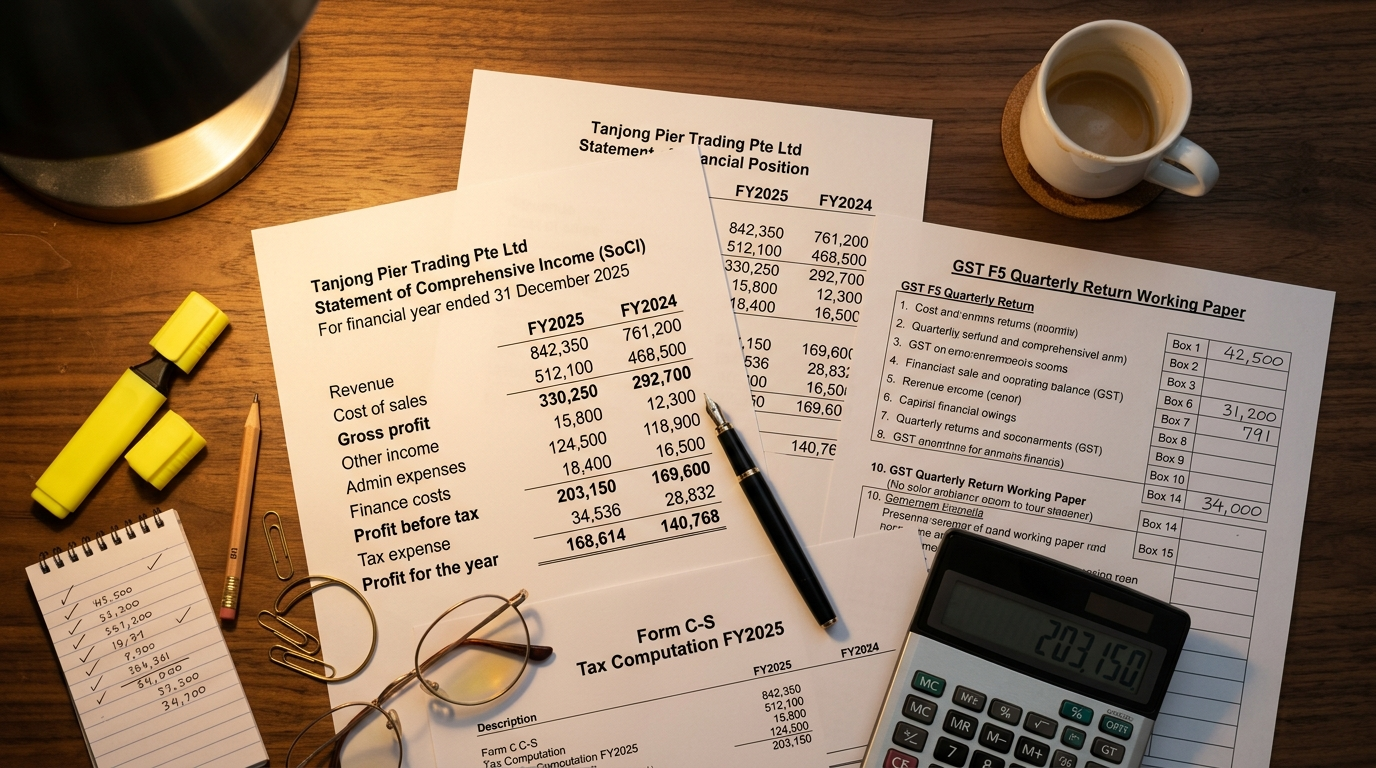 Overhead photograph of a senior chartered accountant's desk: printed Statement of Comprehensive Income, Statement of Financial Position, GST F5 quarterly working and Form C-S tax computation for fictional sample company Tanjong Pier Trading Pte Ltd, laid out across warm walnut wood, with a desktop calculator, fountain pen, reading glasses, notepad with handwritten cross-checks, and a coffee mug.