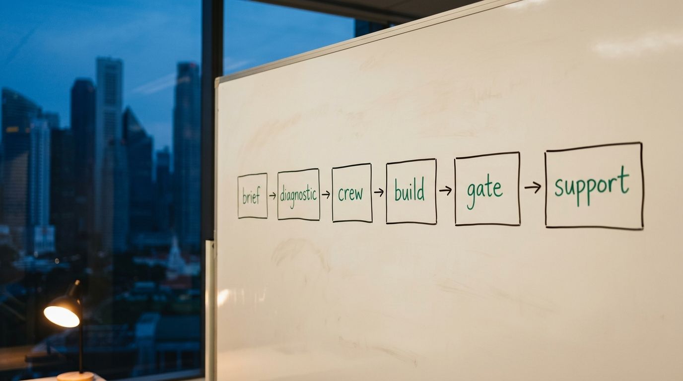 A whiteboard at dusk showing a hand-drawn delivery flow — six labelled boxes connected by arrows reading brief, diagnostic, crew + eval, build, gate, support — sketched in black and dark-green dry-erase marker, with a hand at the right edge holding a marker mid-stroke.