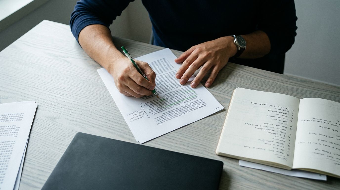 An editor's research desk: an English-language policy PDF over a simplified-Chinese primary source, a draft article marked up in green pencil with citation numbers in superscript, a notebook outline and a fountain pen.