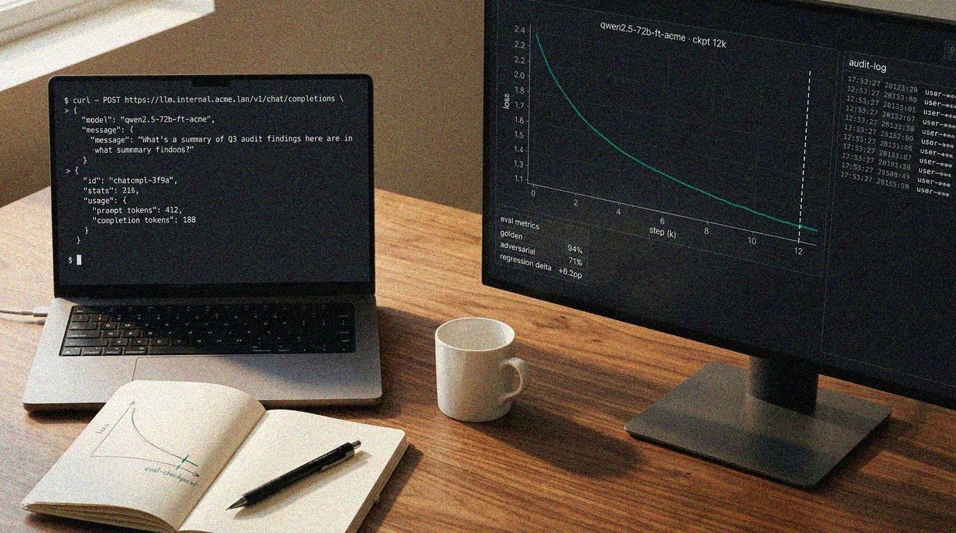 A walnut desk shot at a three-quarters angle: an unbranded silver laptop on the left showing a terminal with a curl request to an internal LLM endpoint and the JSON response, an external 27-inch monitor on the right showing a finetune training-loss curve descending in teal-green over twelve thousand steps with an eval-metrics panel below and an audit-log panel scrolling redacted user-*** rows in the corner, and a cream notebook in the foreground with a hand-drawn version of the loss curve.