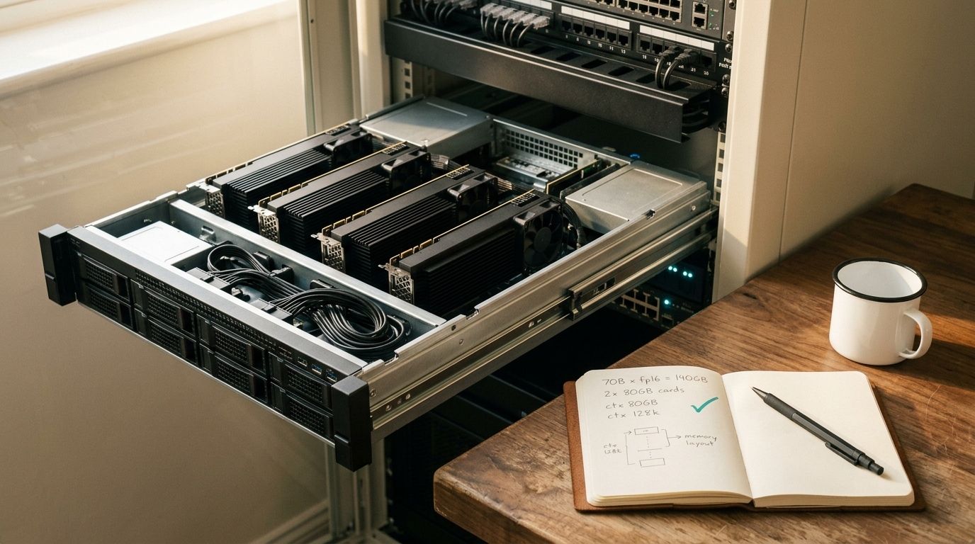 A 4U rackmount GPU server slid forward on its rails out of an open 19-inch rack, top cover off, four full-length PCIe accelerator cards visible in the chassis, NVMe drive bays at the front, with a leather notebook in the foreground showing hand-written GPU memory-sizing math in pencil and a single teal-green pencil tick beside one of the lines.