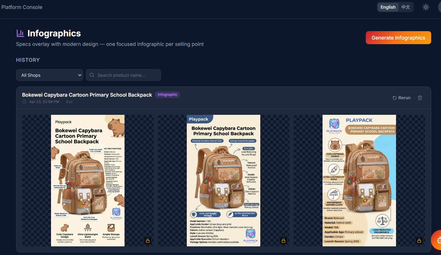 Infographic shots: three layouts of the same children's backpack with feature callouts, dimensions, materials and value-prop overlays. Same product hero, different infographic templates.