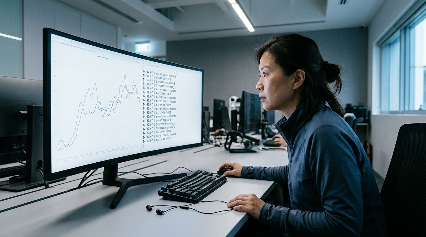 A single matte black monitor at night showing a smooth flowing time-series chart in green and white on the left half and a column of monospaced abstract glyphs on the right half, with a small ceramic coffee cup at the lower-right edge of a dark wooden desk, lit by a warm tungsten lamp.