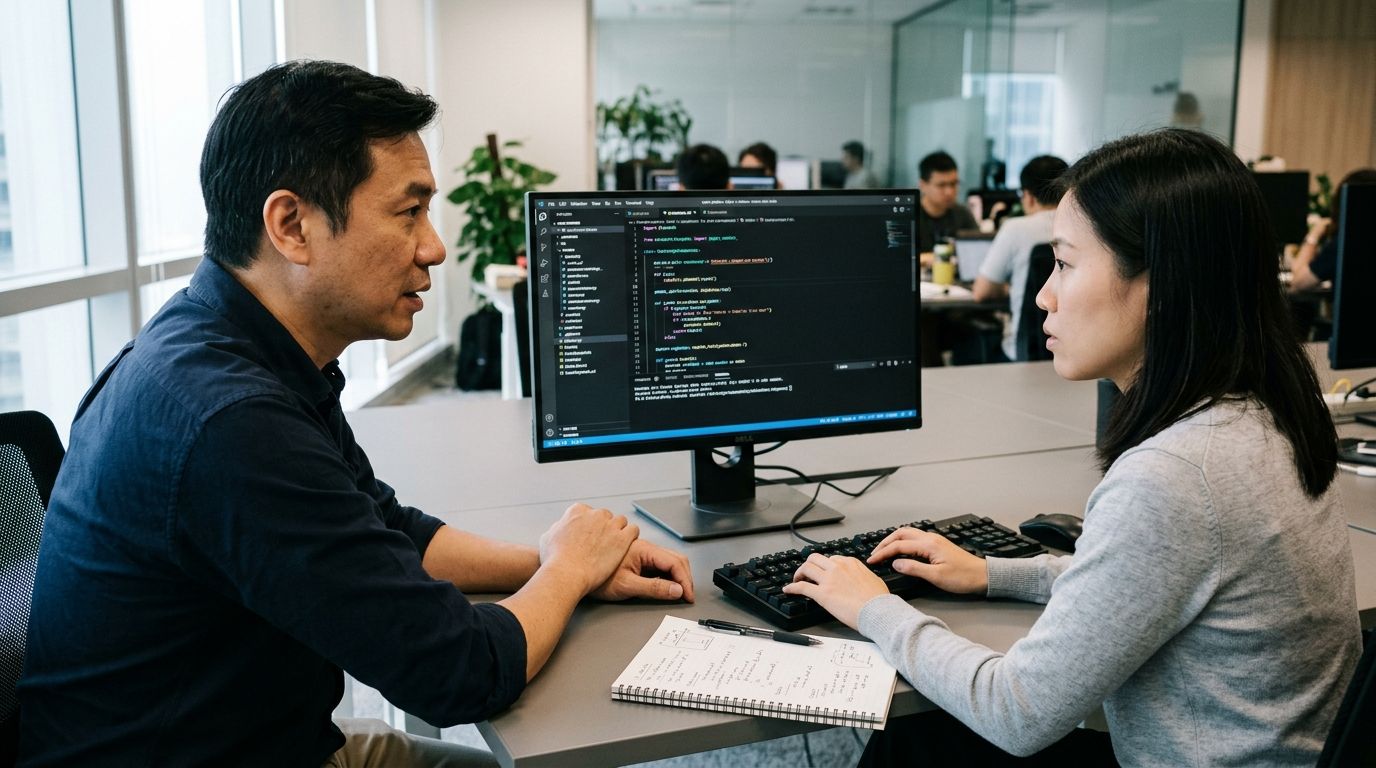 A paired-coding mentorship moment in close-up: forearms at a mechanical keyboard, a partial code editor visible at the top of frame with a function highlighted, a second hand pointing toward the screen from the right edge, a notebook with handwritten annotations alongside.