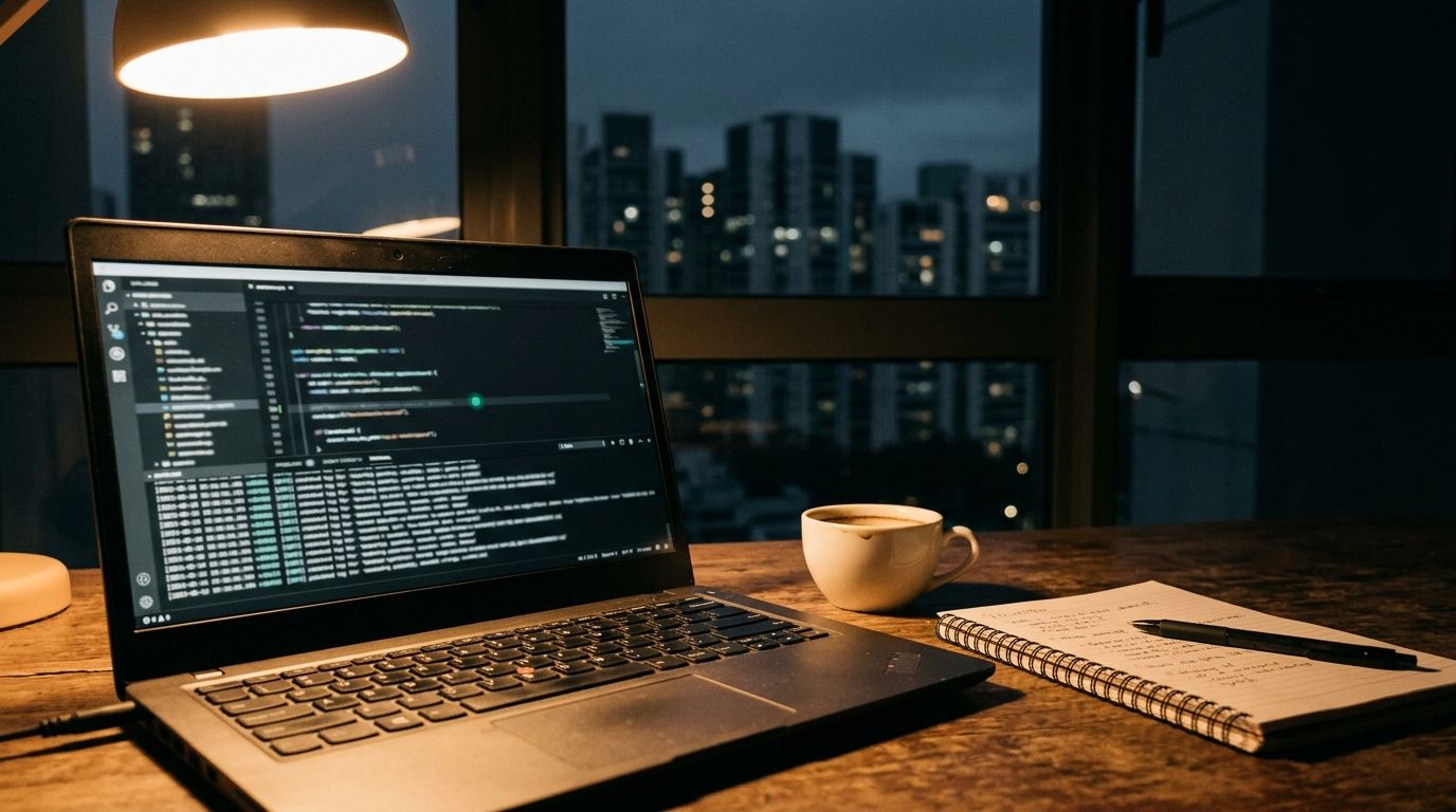 A single laptop on a wooden desk at night with a terminal open showing log lines and a green status indicator, a small ceramic coffee cup beside an open notebook, and the gently bokeh-blurred Singapore skyline through a window — lit by one warm tungsten desk lamp.