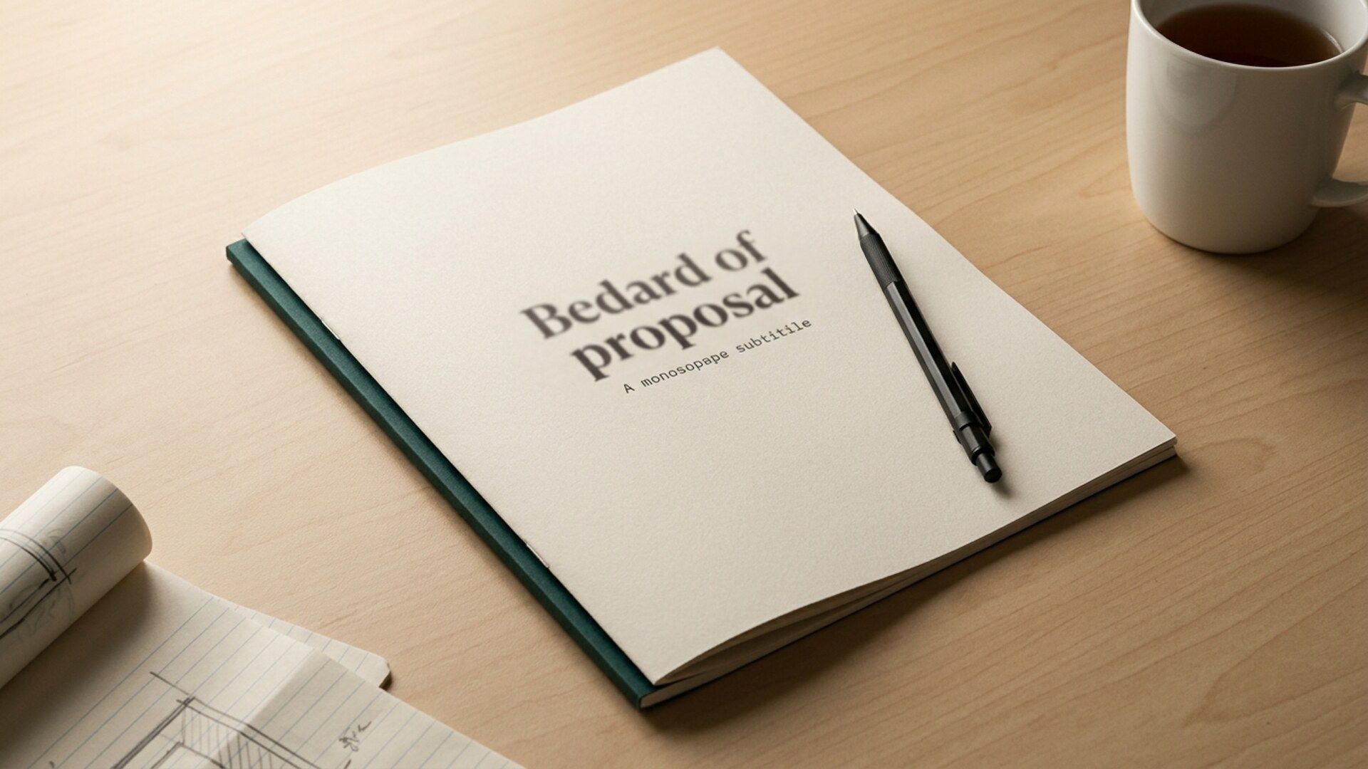 A hand-bound proposal document open on a warm bone-coloured wood desk, a black mechanical pen lying diagonally across the page, soft late-afternoon light from the upper-left.