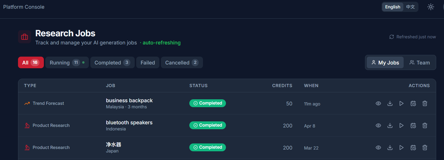 Research Jobs queue: 16 jobs across Trend Forecast and Product Research, filterable by Running, Completed, Failed, Cancelled; auto-refreshing; bilingual EN/中文 toggle.