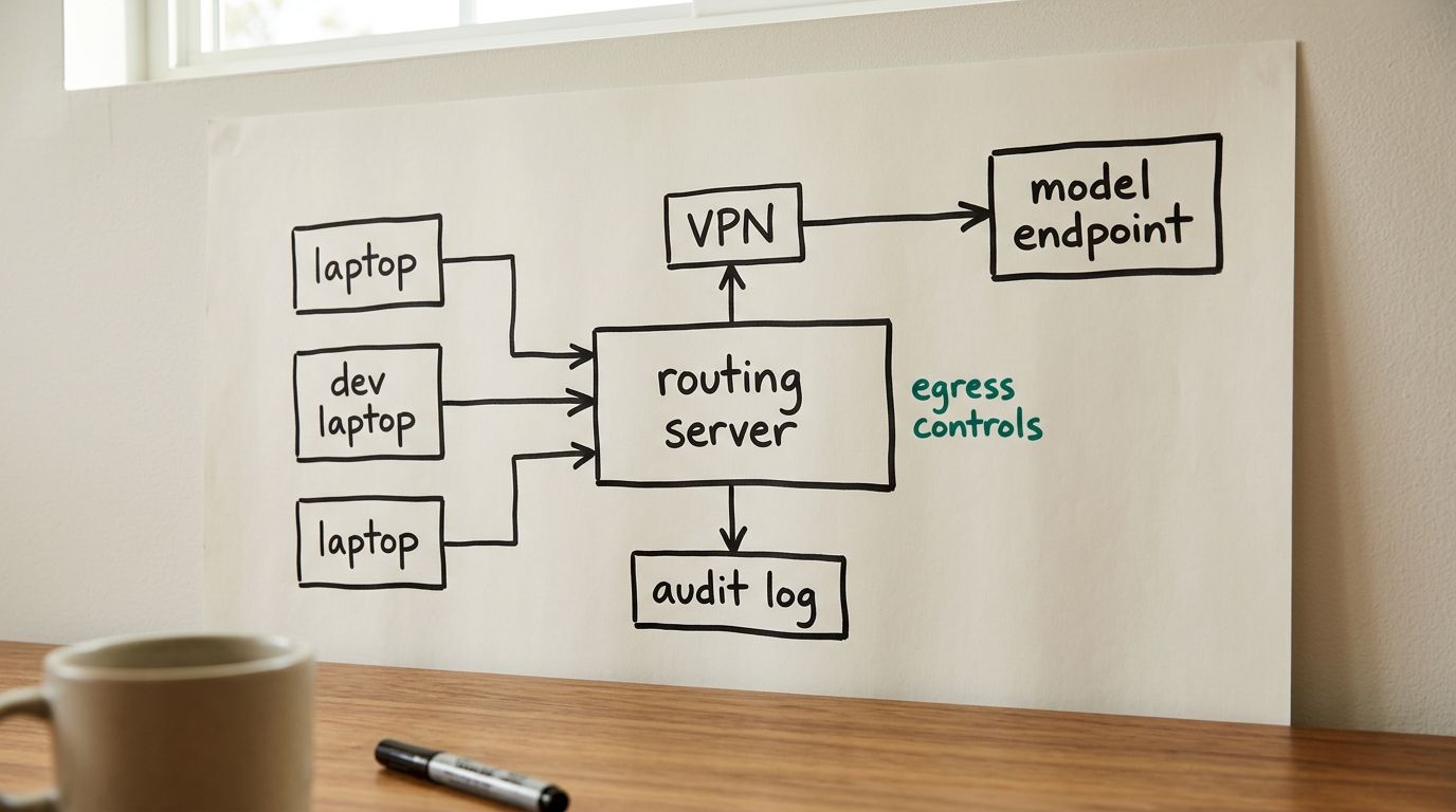 A hand-drawn perimeter routing architecture: developer laptops on the left, an arrow into a routing-server box, a VPN box upward, a model-endpoint box on the right, with an audit-log branch downward — egress-controls noted in green.