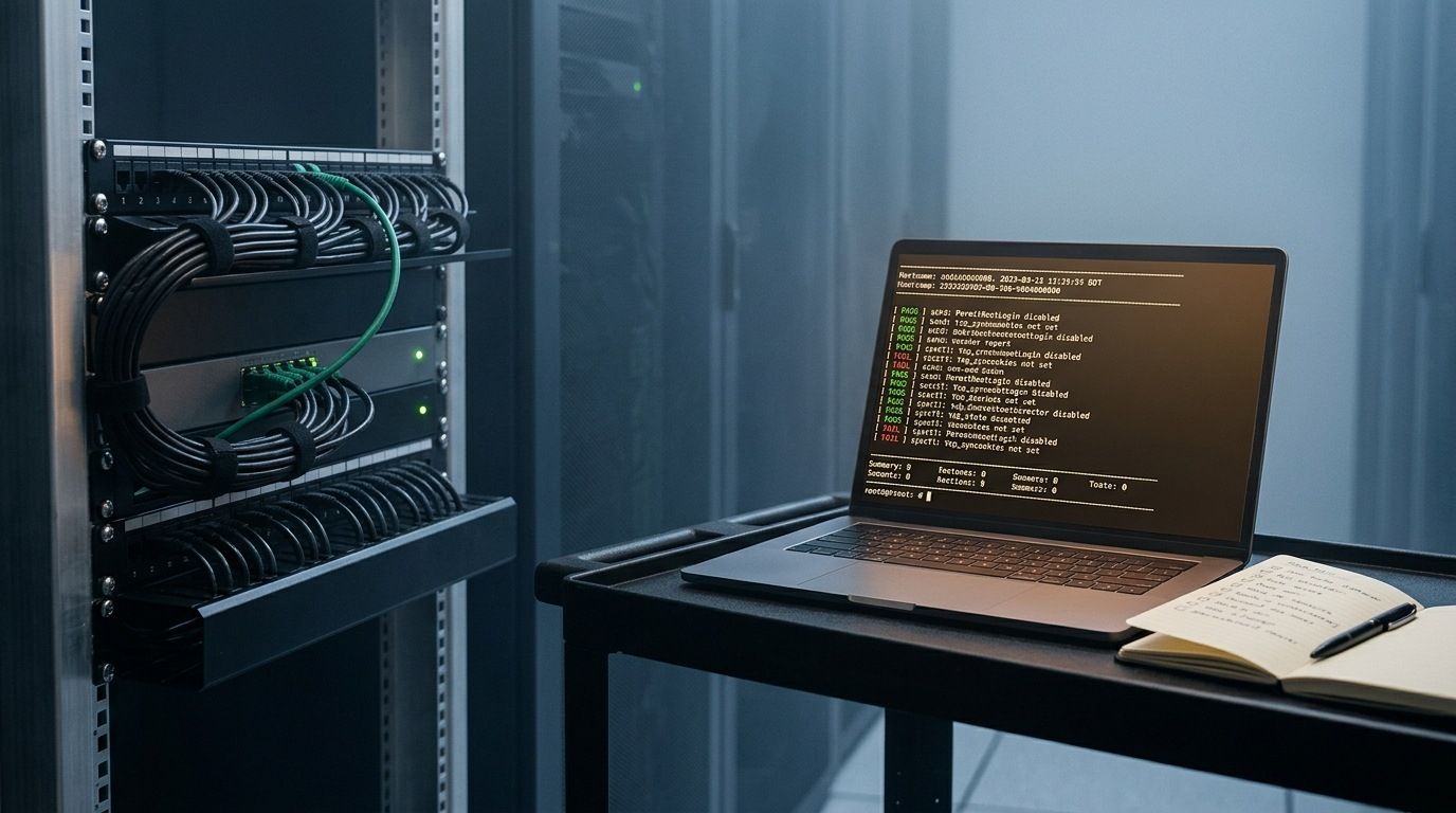 A small server-rack working session: tidy cable management on a 19-inch rack on the left, an unbranded laptop on a utility cart on the right showing a structured CIS-benchmark audit terminal with PASS and FAIL lines and a summary footer.