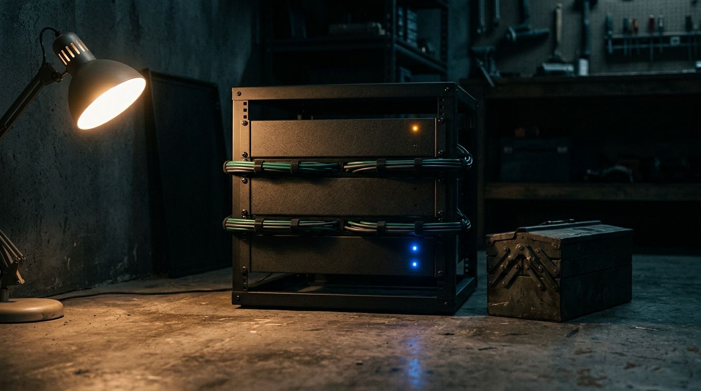 A small open-front server rack at night in a dim workshop, three rack-mounted units with neat green and gray cabling, an amber and two blue status LEDs glowing in the dark, a closed metal toolbox on the concrete floor beside it, lit by a single warm tungsten lamp from the upper left.