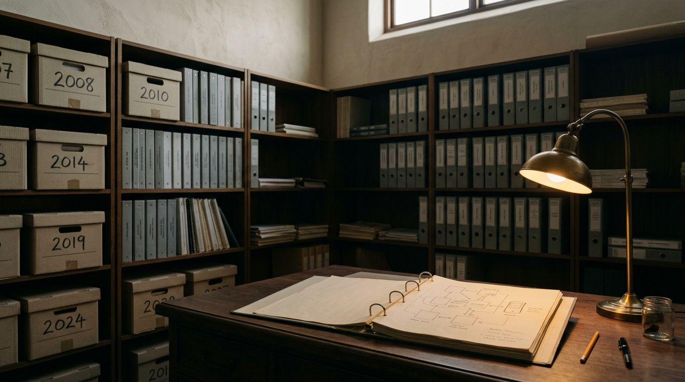 A wooden studio archive shelf at dusk, holding stacked archive boxes labelled with years from 2008 onward and rows of bound technical reports — a single open binder showing a hand-drawn architecture diagram on the desk in foreground, lit by a brass tungsten lamp.