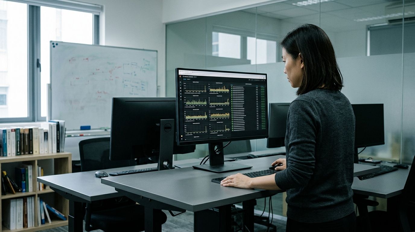 The wGrow studio desk at dusk: a single matte monitor with terminal output and small charts, a closed mechanical keyboard, an open notebook with pen, an angled tungsten desk lamp on a bone-coloured wood desk.