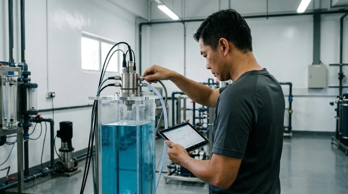 A WaterDoctor engineer in a pilot-plant lab, hand on a sensor probe in a clear flow column, tablet in the other hand showing a live time-series chart.