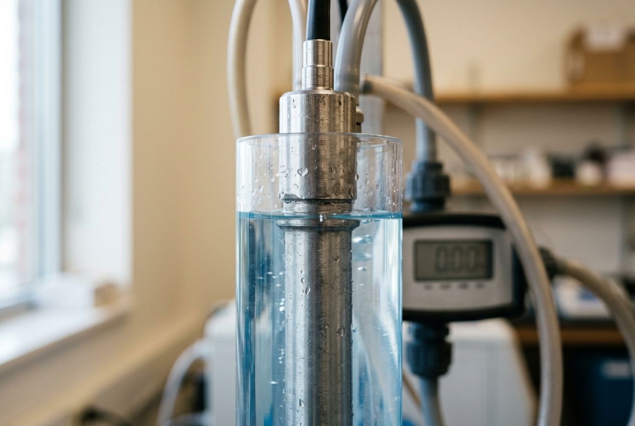 An industrial water-treatment sensor probe with a stainless-steel head inserted into a clear acrylic flow column in a clean lab — the kind of physical instrumentation the WaterDoctor crew runs an adaptive control loop against.