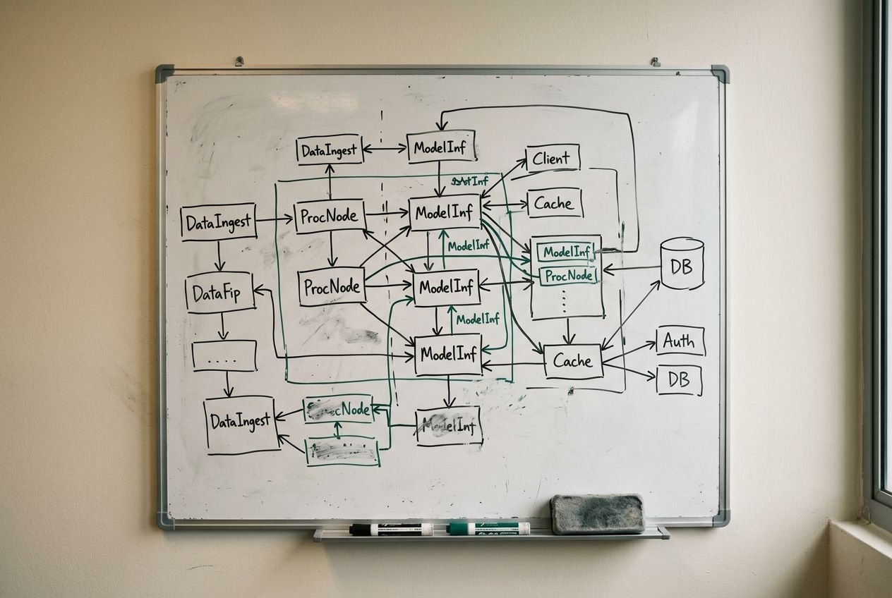 A whiteboard with a hand-drawn architecture sketch in black and dark-green dry-erase marker — labelled boxes connected by arrows, a real system-design conversation in progress.