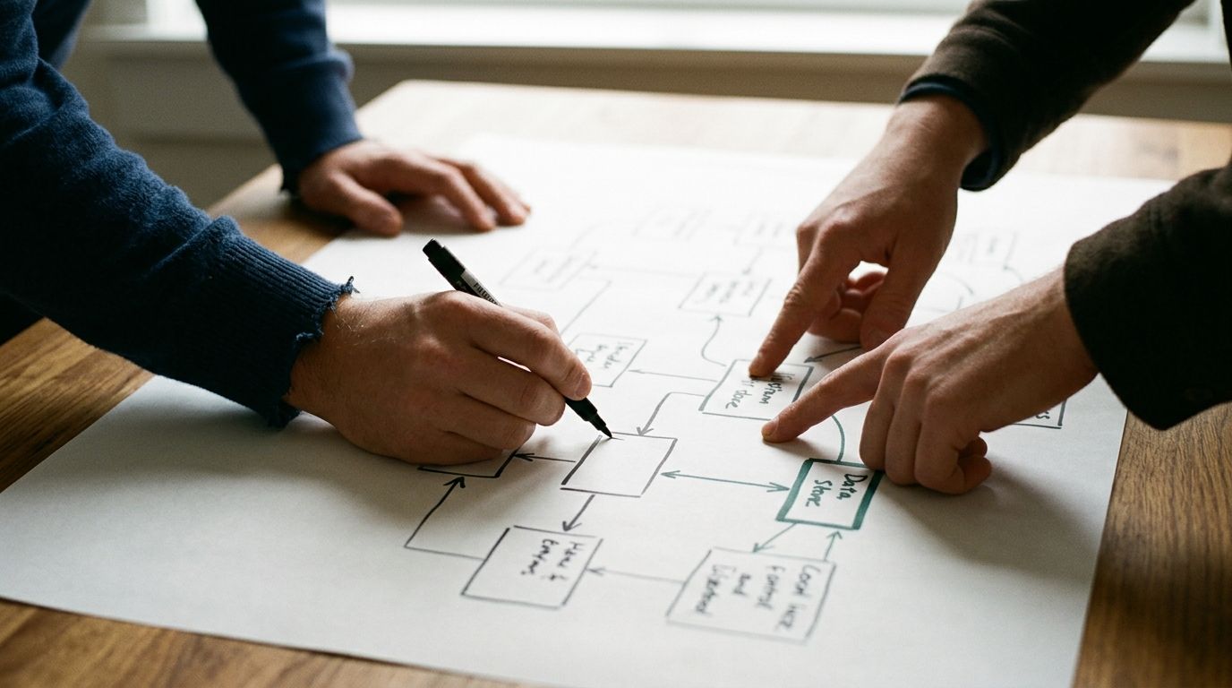 Two pairs of hands working over a large sheet of paper on a wood table — one hand drawing a labelled box with a fine-tipped marker, the other pointing to an existing node in the diagram.