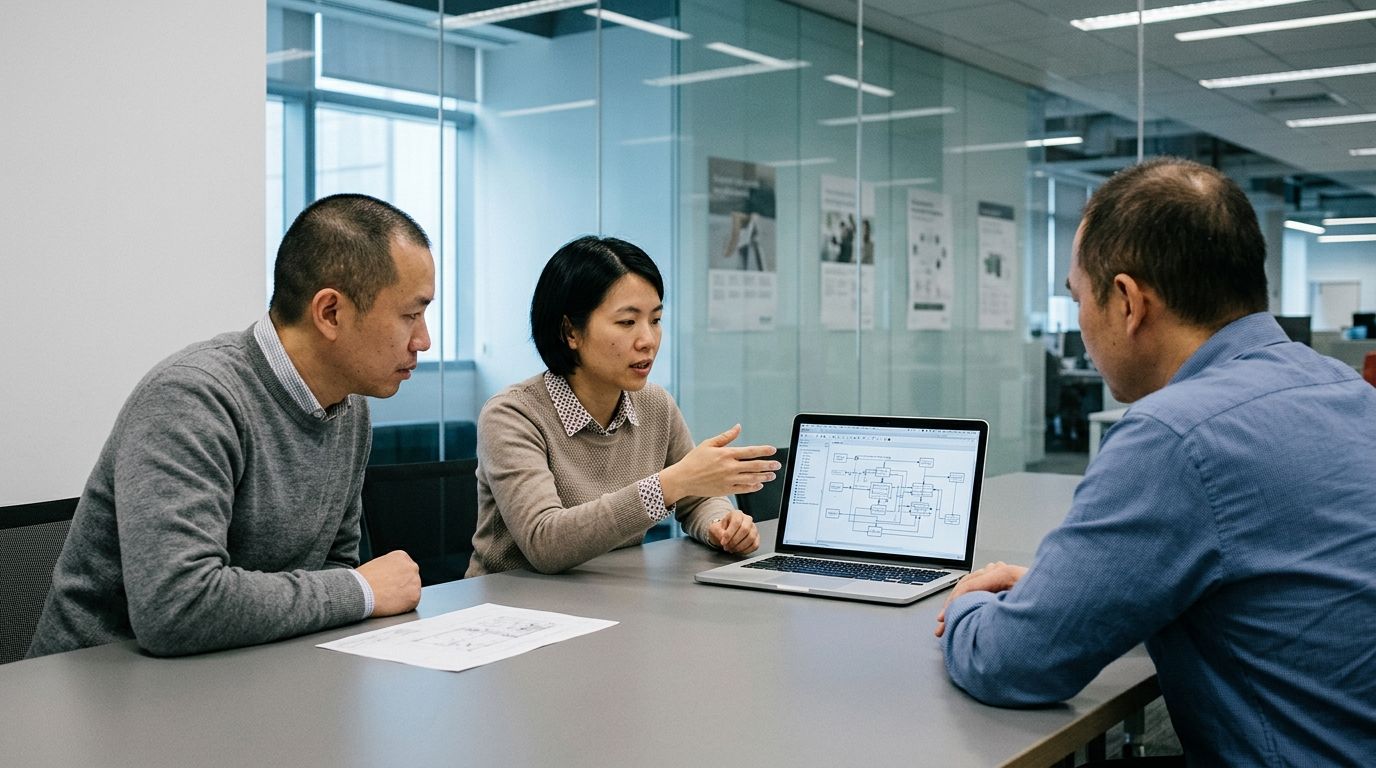 An embedded coaching session in progress: three engineers at laptops along a wooden table, terminal output on the nearest screen, cream notebooks beside each laptop, sticky notes on a glass wall behind, warm window light.