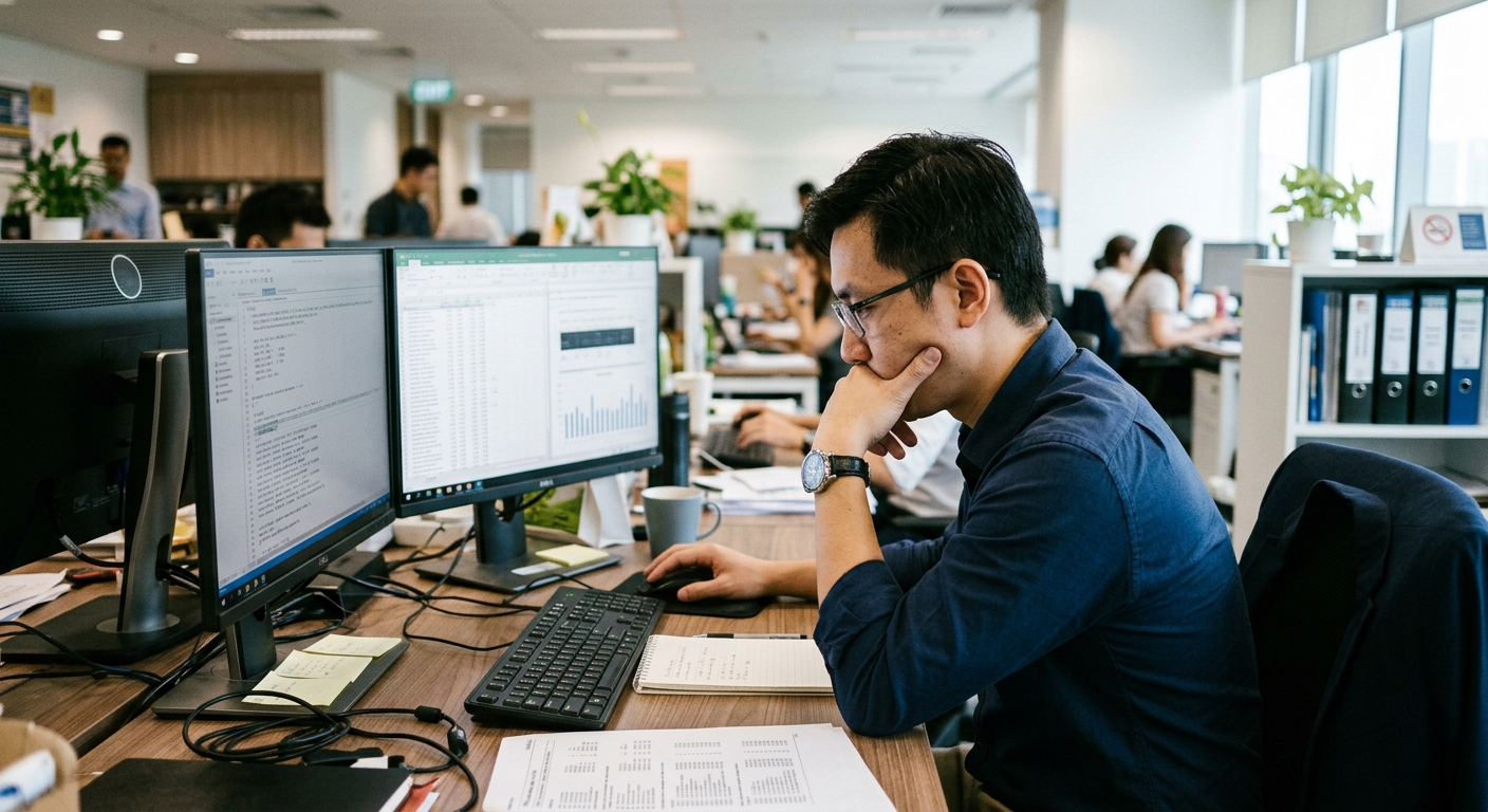 Singapore Chinese engineer looking closely at dual monitors in a modern office.