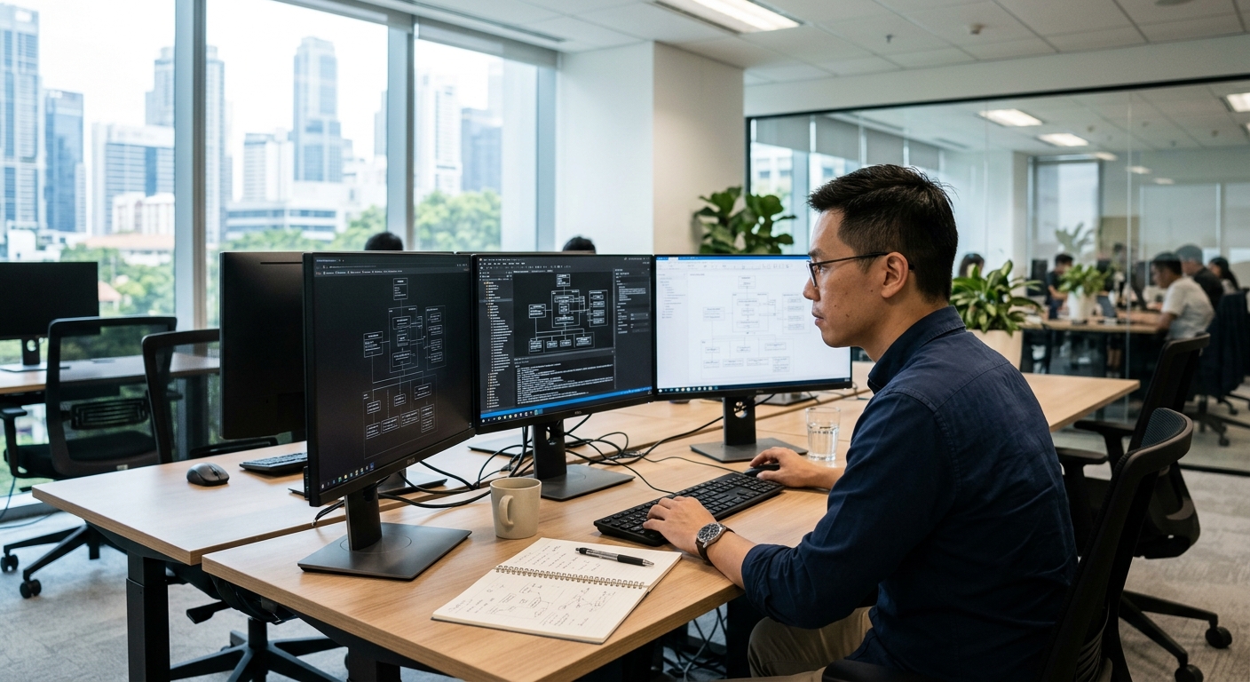 A software architect reviewing complex system frameworks on multiple monitors.
