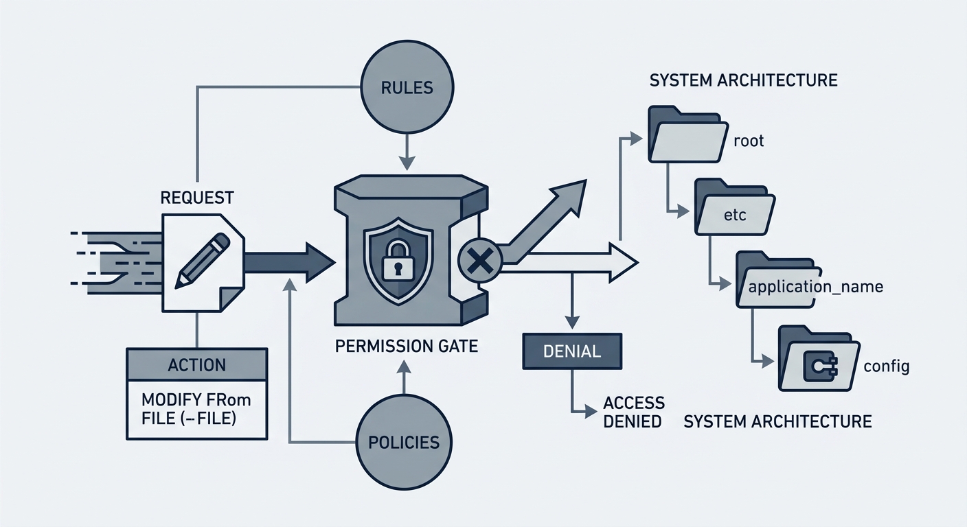 Technical illustration showing a file edit request blocked by a security gate.