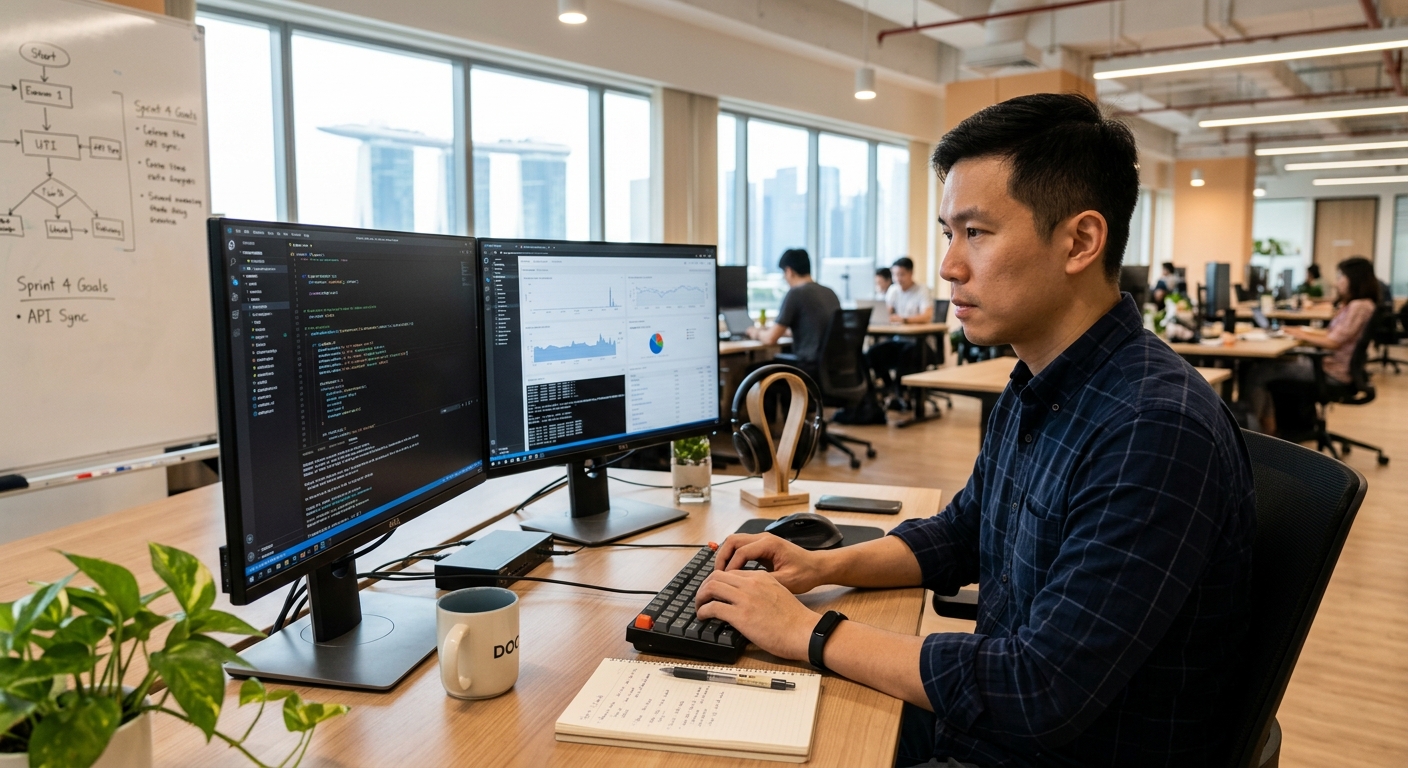 Singapore-Chinese engineer working intently at a dual-monitor workstation.