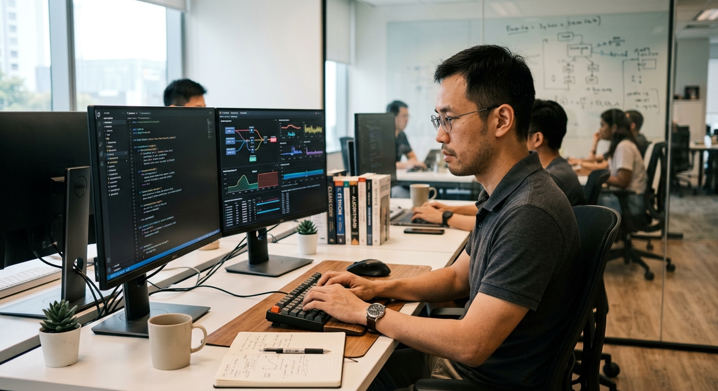 Engineer monitoring system process graphs on dual monitors at a modern desk.
