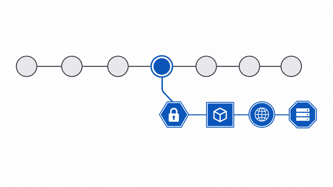 Technical illustration of a linear version control commit history.