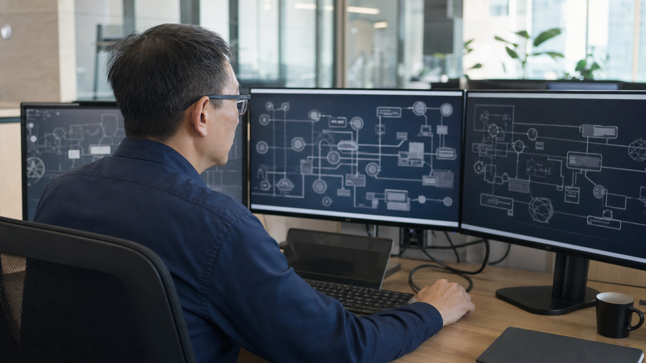 Cybersecurity professional reviewing complex diagrams on a dual-monitor workstation.