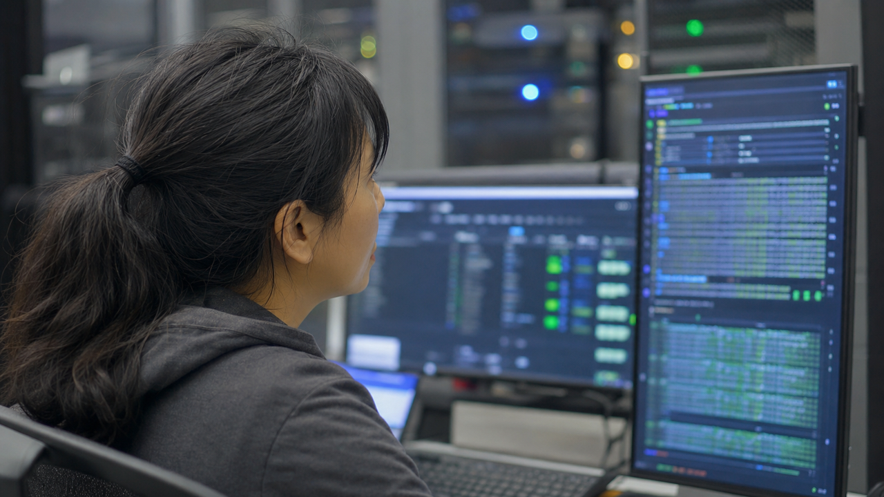 Female engineer reviewing dense server activity logs on a vertical monitor.