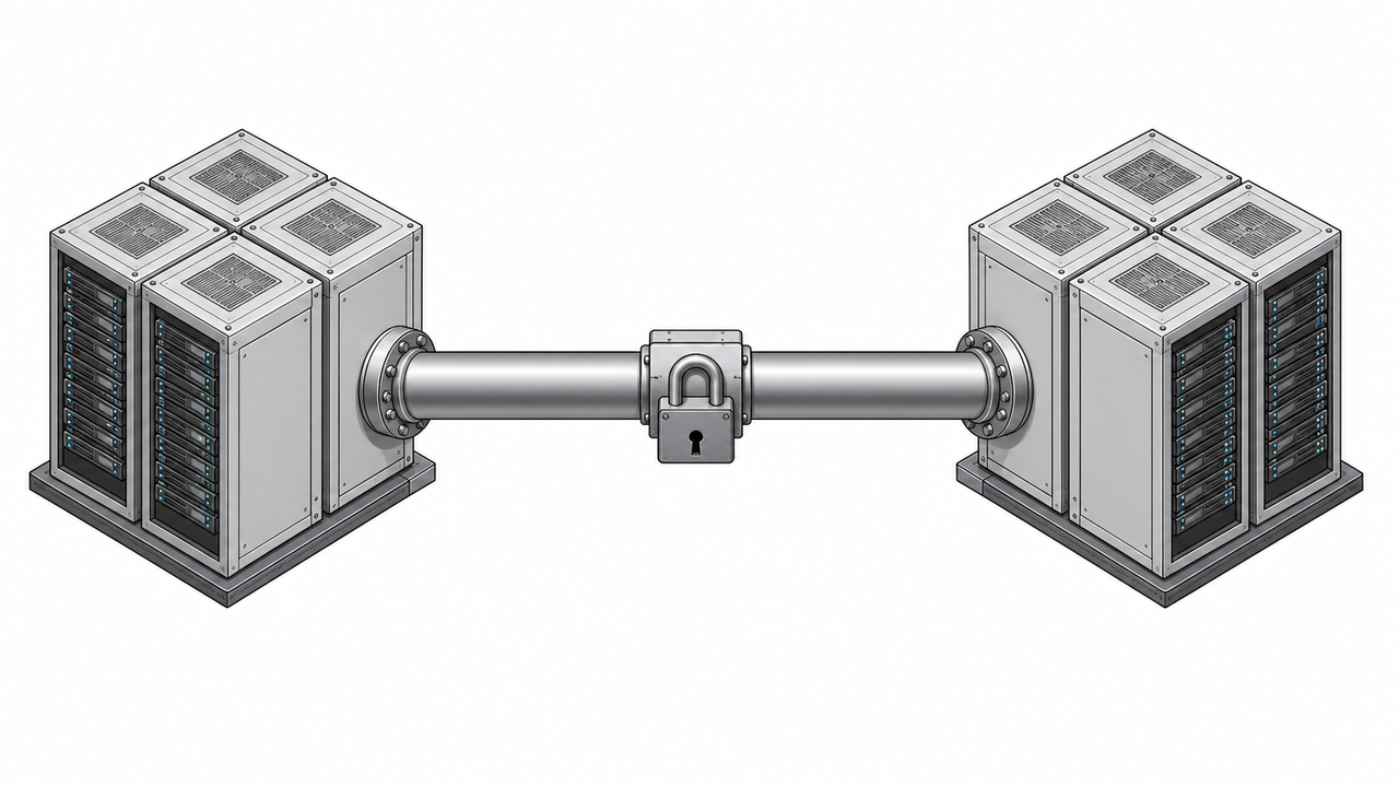 Technical illustration of two server clusters connected by a locked data pipeline.
