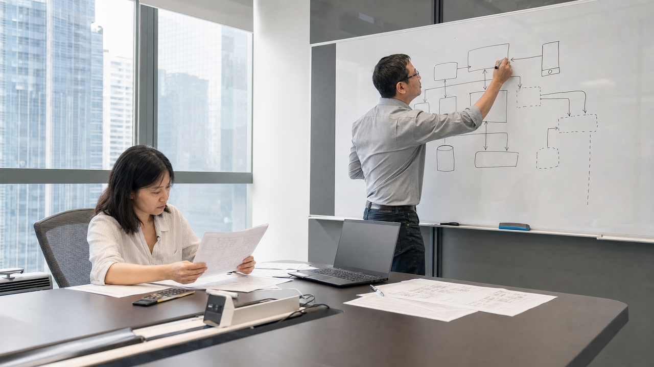 Two IT professionals working on a system architecture diagram in a meeting room.