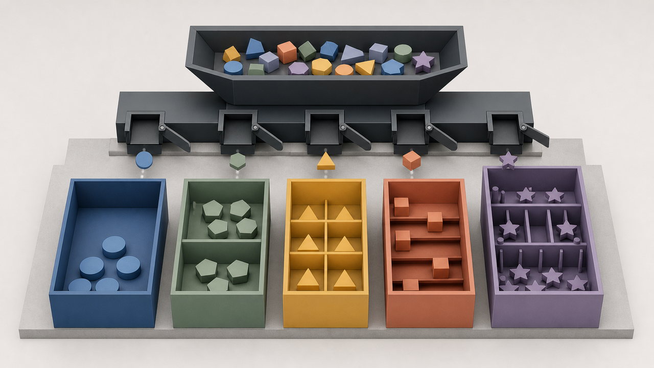Isometric technical illustration of shapes sorted into five distinct consequence bins.