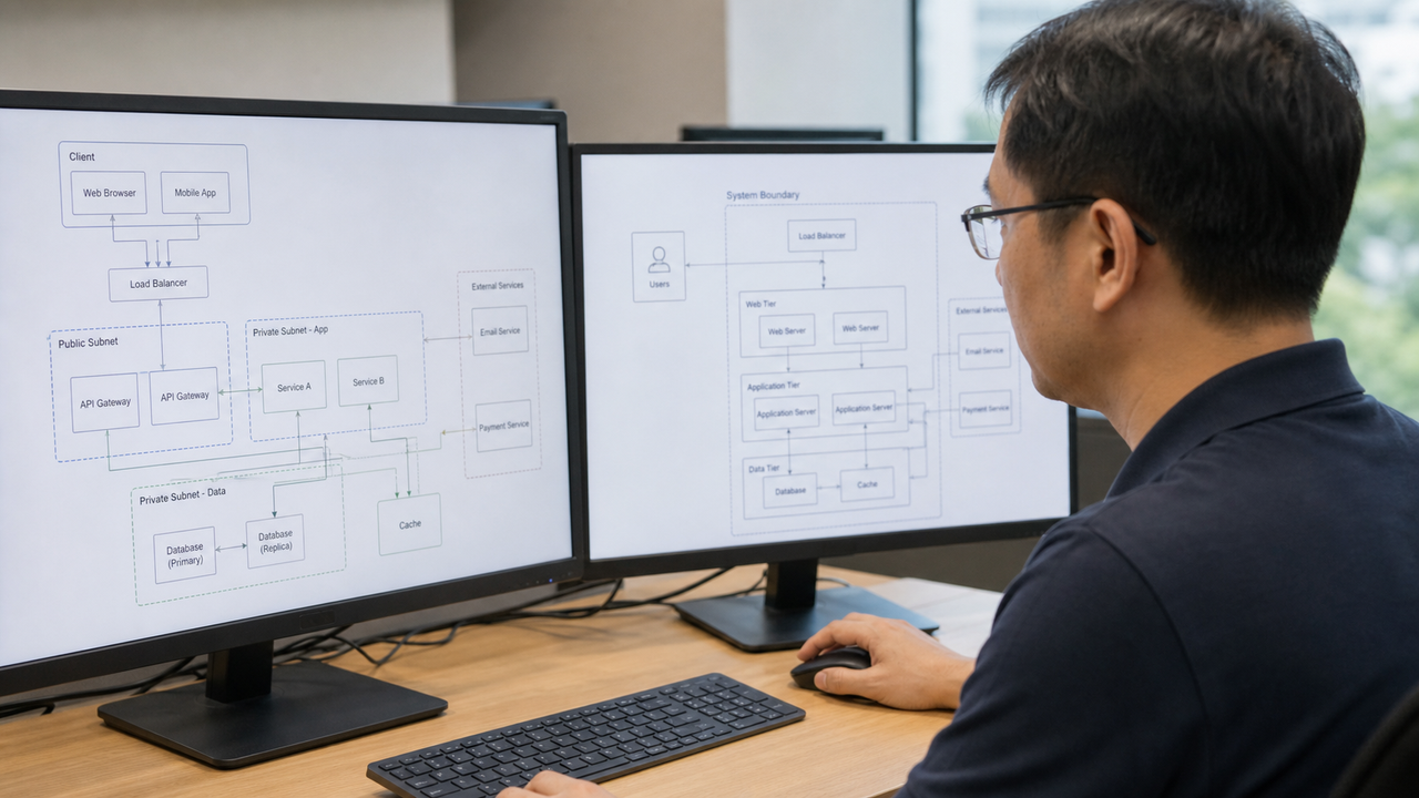 Singapore-Chinese IT professional working at a desk reviewing architectural diagrams.