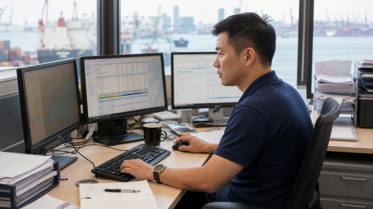 Logistics professional reviewing supply chain data on multiple screens.