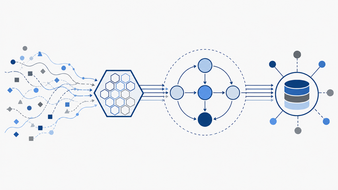 Technical illustration of a state machine filtering data before database entry.