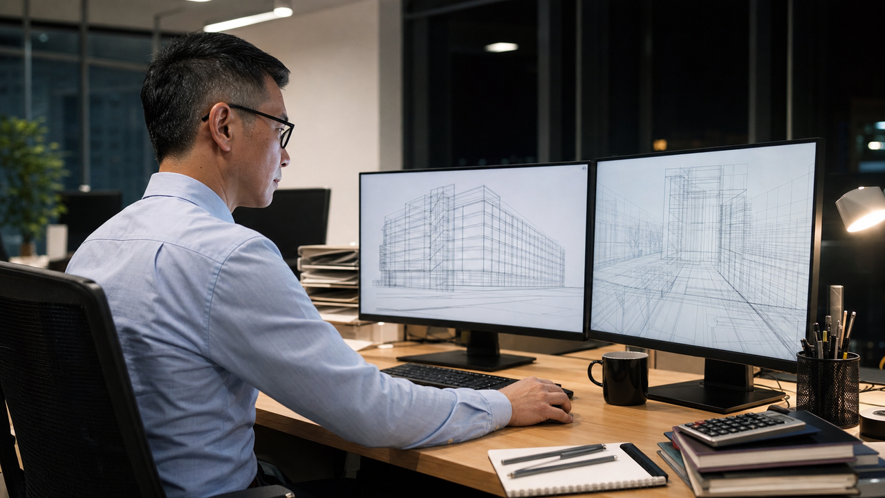 Financial controller reviewing architectural diagrams on dual monitors in an office.