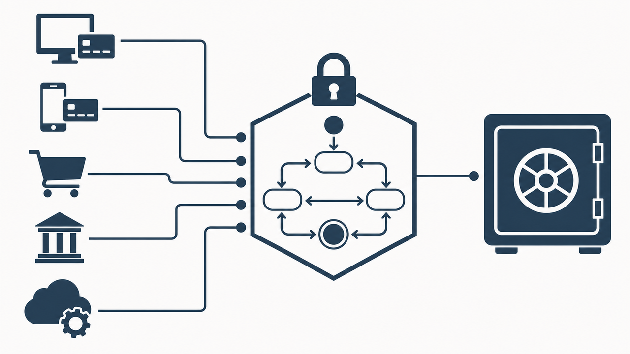 Technical illustration of a payment gateway routing through a central gatekeeper node.