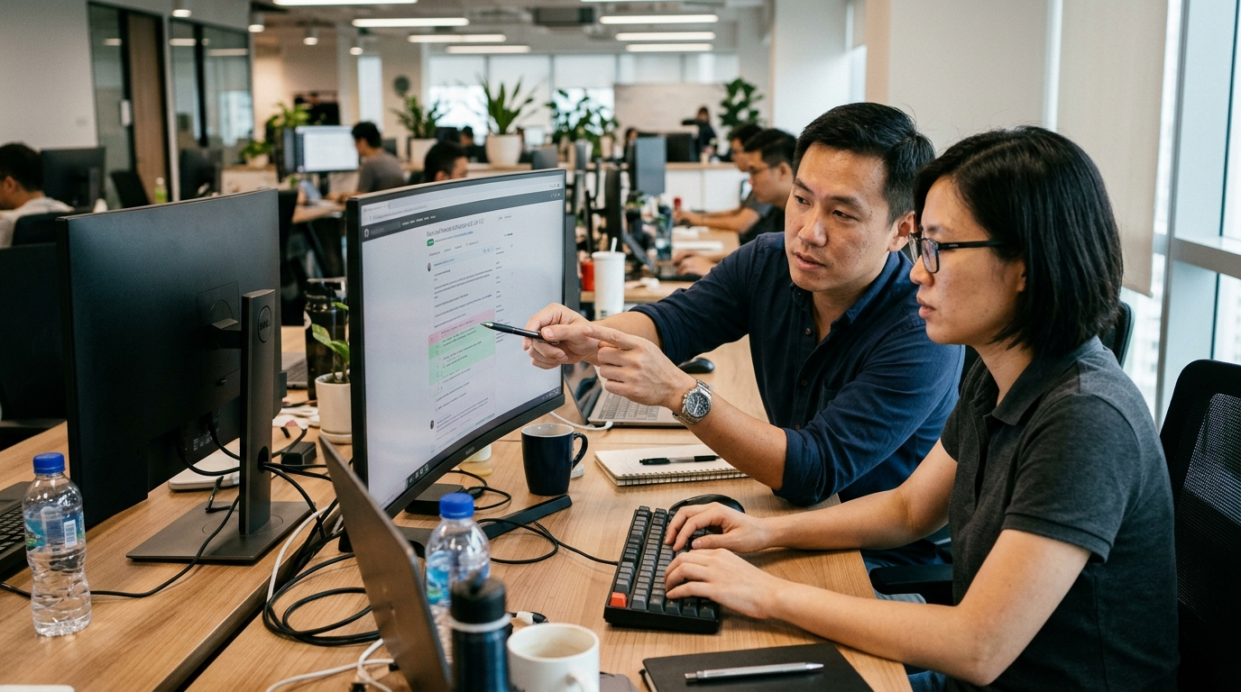 Two Singaporean IT professionals focused on a dual-monitor workstation reviewing code.