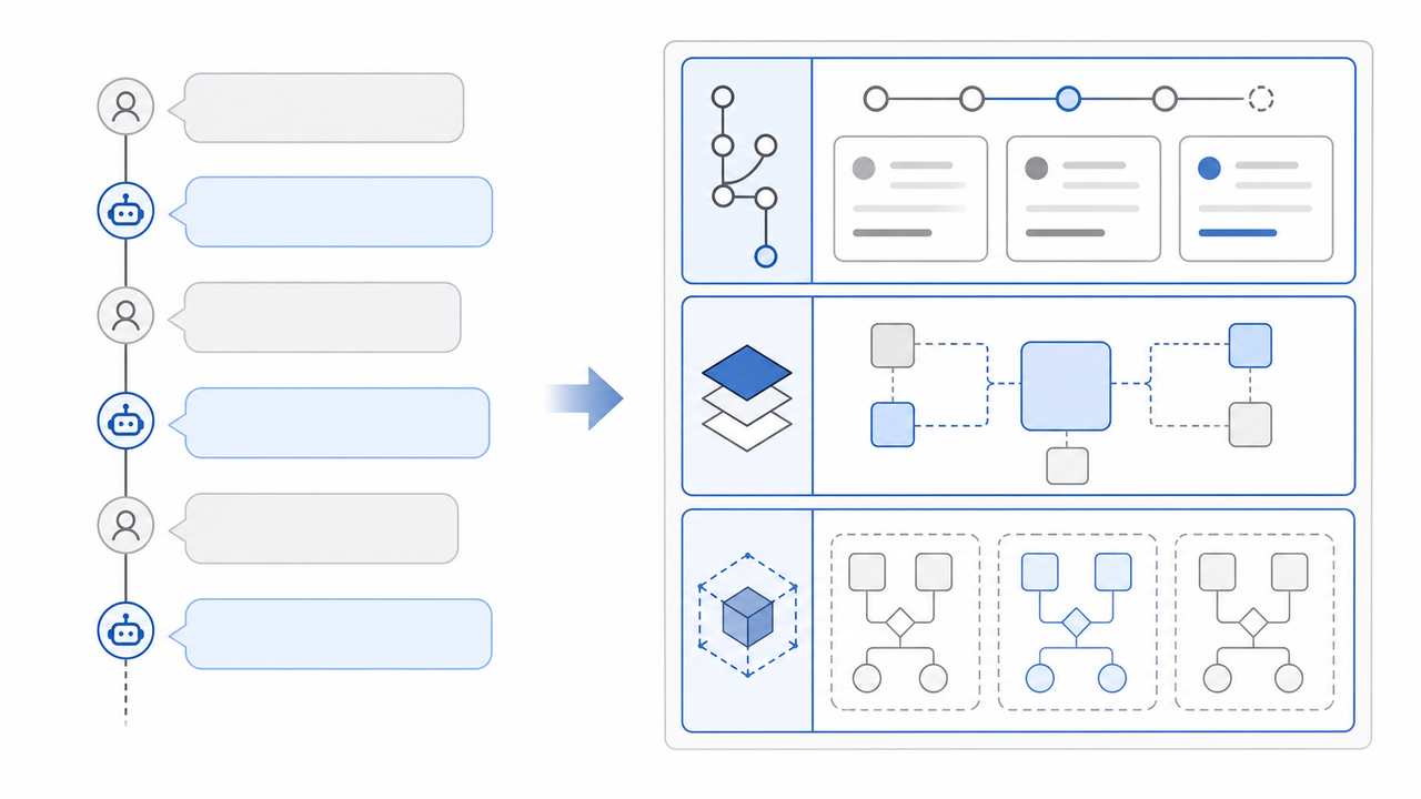 Technical illustration comparing a linear chat feed to a structured execution workspace.