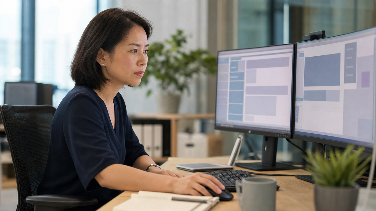 A female professional reviewing system changes on dual monitors in a modern office.