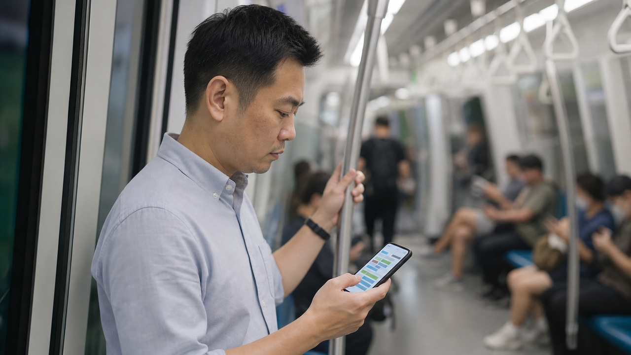 Engineer reviewing a mobile interface on a train