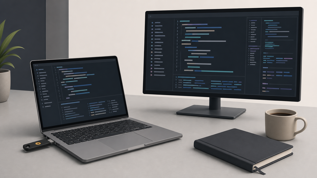 Technical illustration of a desk workstation with a hardware security key