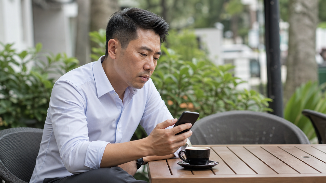 A professional reviewing a smartphone screen while seated at an outdoor cafe table.