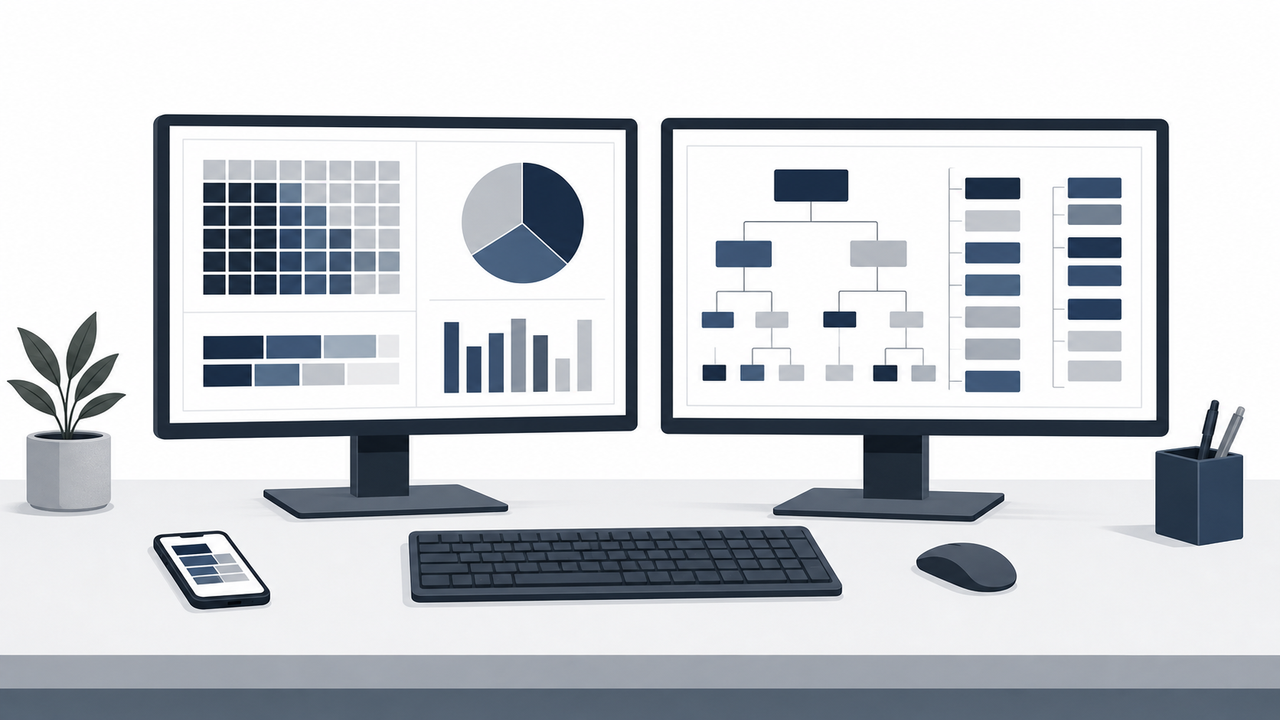 Technical illustration comparing a large dual-monitor desktop setup to a small smartphone.