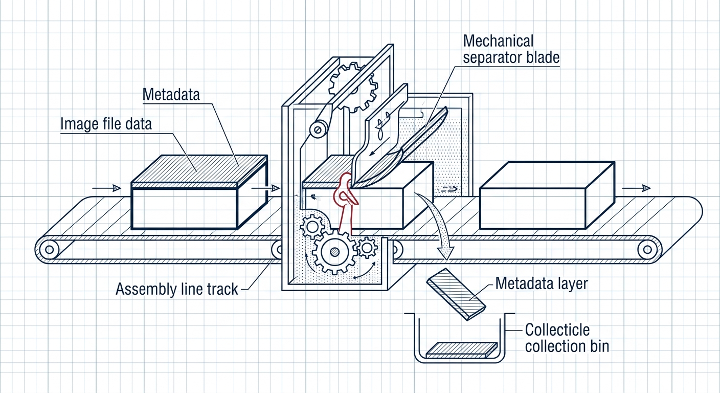 Technical illustration of a file moving through a processing node and losing a data layer.