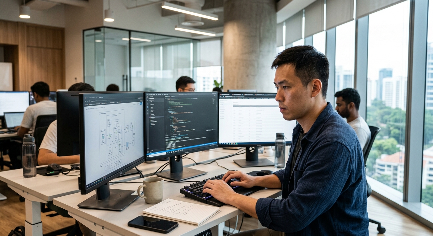 A male software engineer focused at a multi-monitor workstation in a modern tech office.