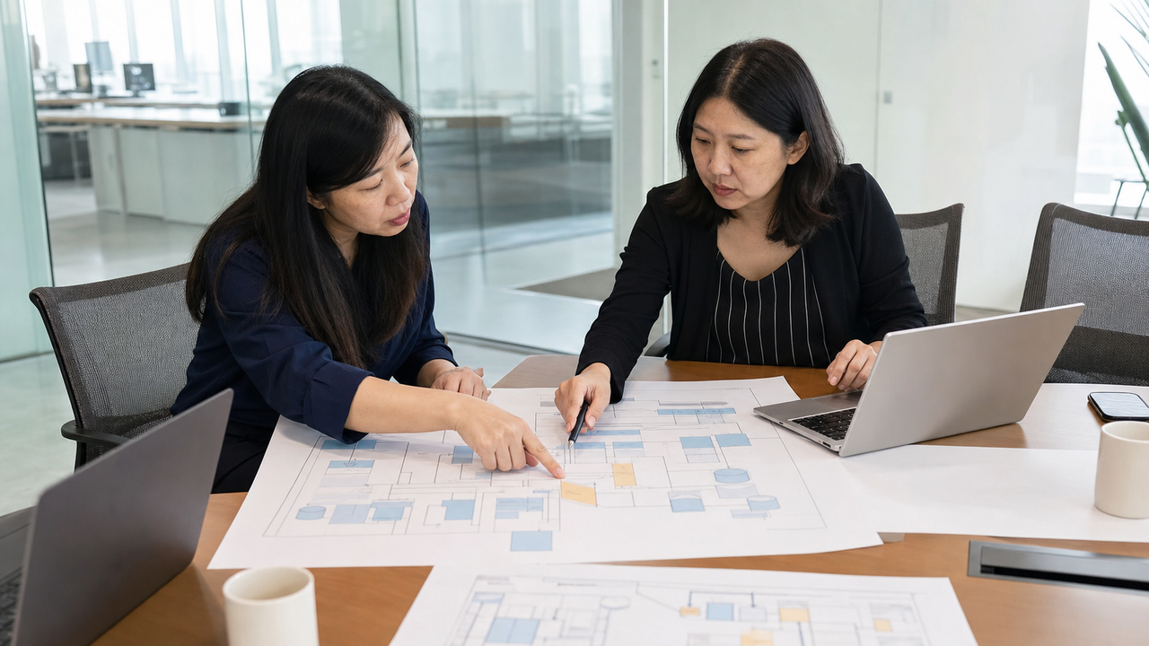 Two architects discussing printed system diagrams at a conference table.