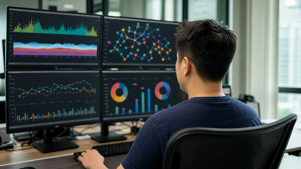 Professional analyzing data charts on multi-monitor setup in a modern office.