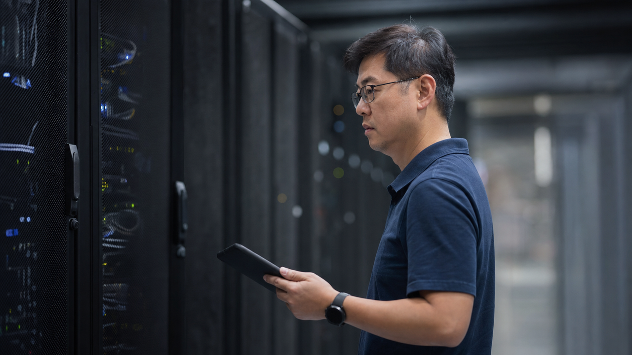 Systems architect checking server racks in a modern data center environment.