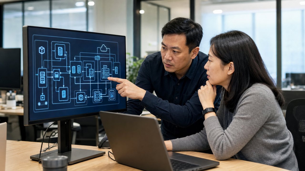 Two IT professionals reviewing architecture diagrams on a large monitor.